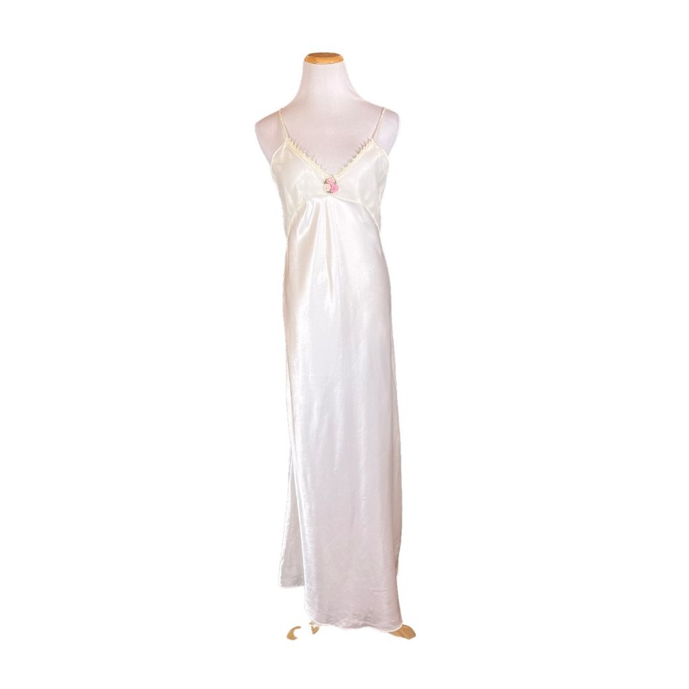 1990s Size S Cream Satin Nightgown Bias-Cut Elegant Glamorous - Picture 1 of 9